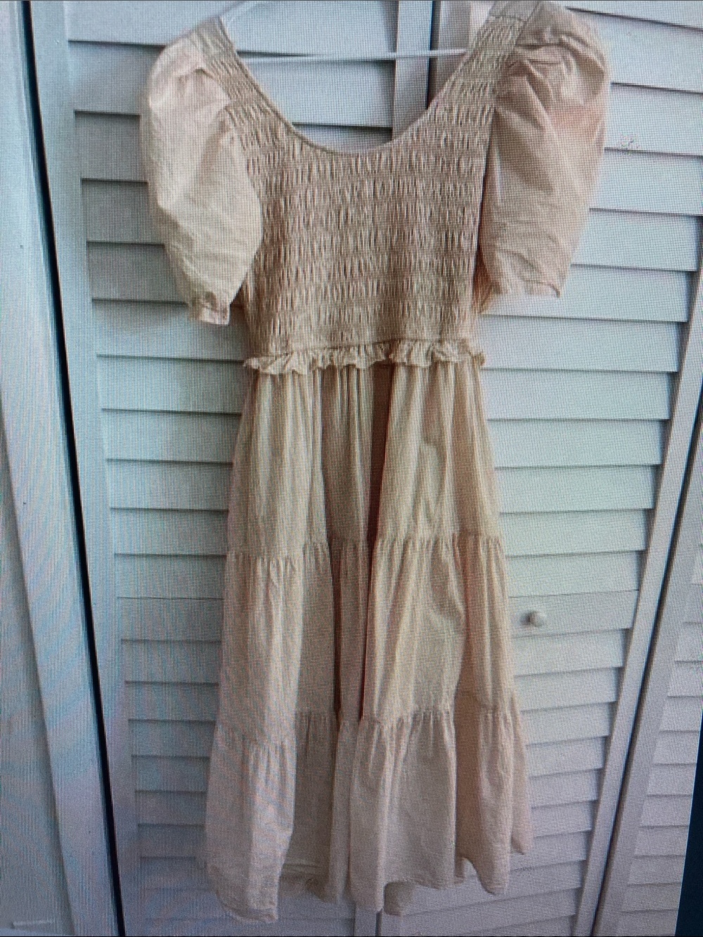 Smocked Puff-Sleeve Midi Dress in Cream